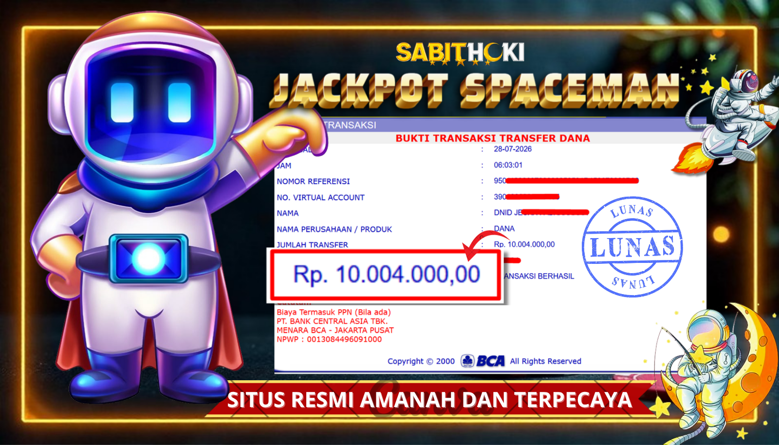 BUKTI JACKPOT MEMBER SETIA SABITHOKI DI SPACEMAN